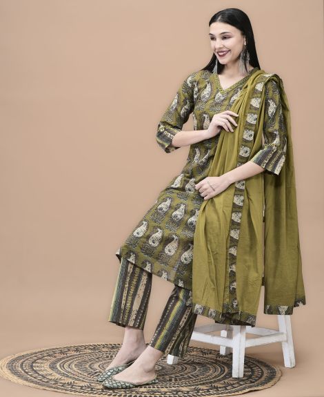 Shree Women Cotton Olive Paisley Print Kurta Comfort Pant Dupatta